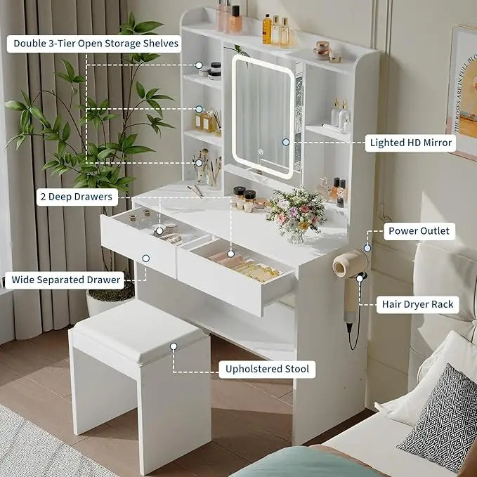 HiMISS Vanity Desk With Mirror And Lights Padded Stool