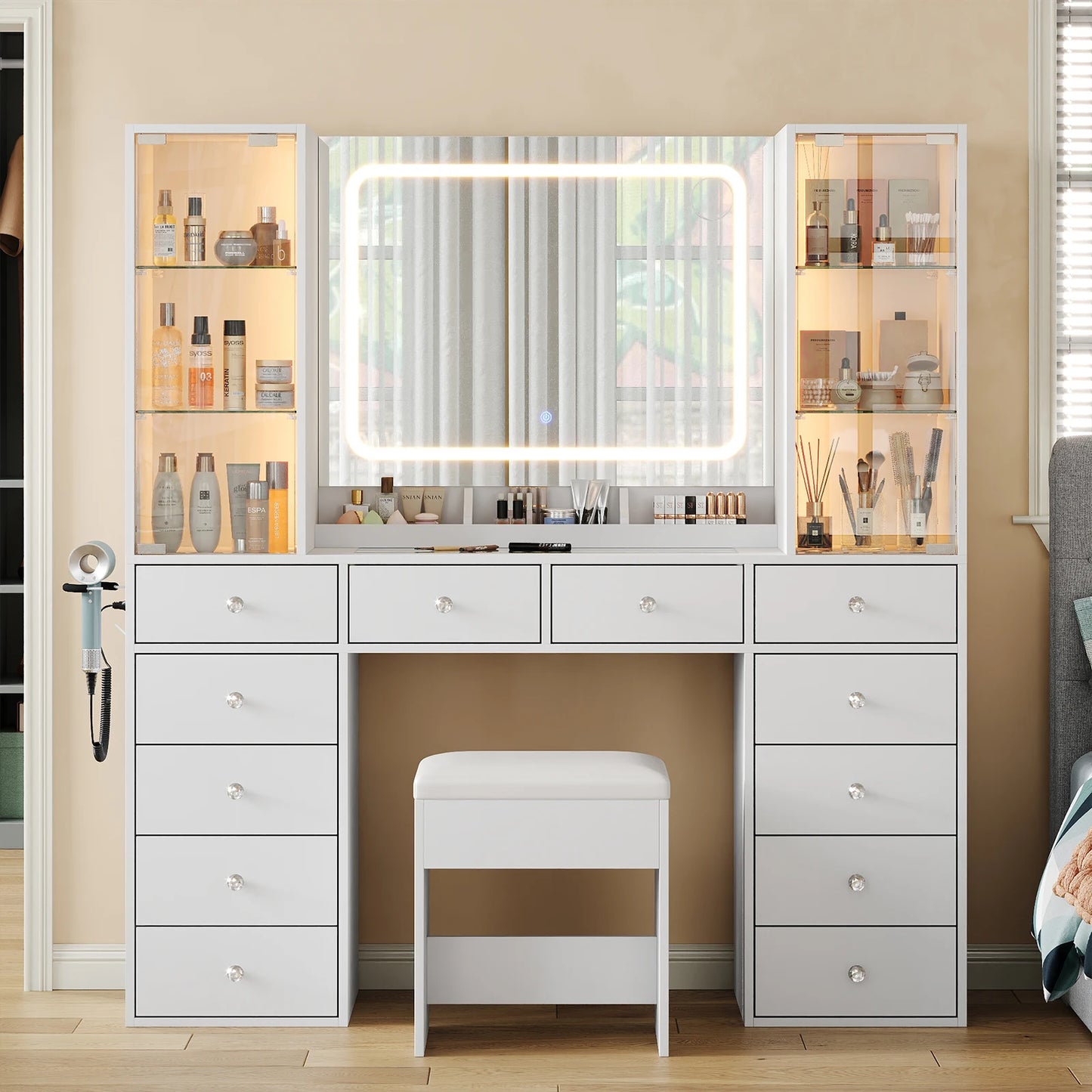 Wooden Bedroom Vanity Desk With Mirror And 12 Drawers