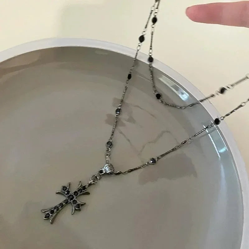 Rhinestone Cross Pendant Choker Necklace For Women Vintage