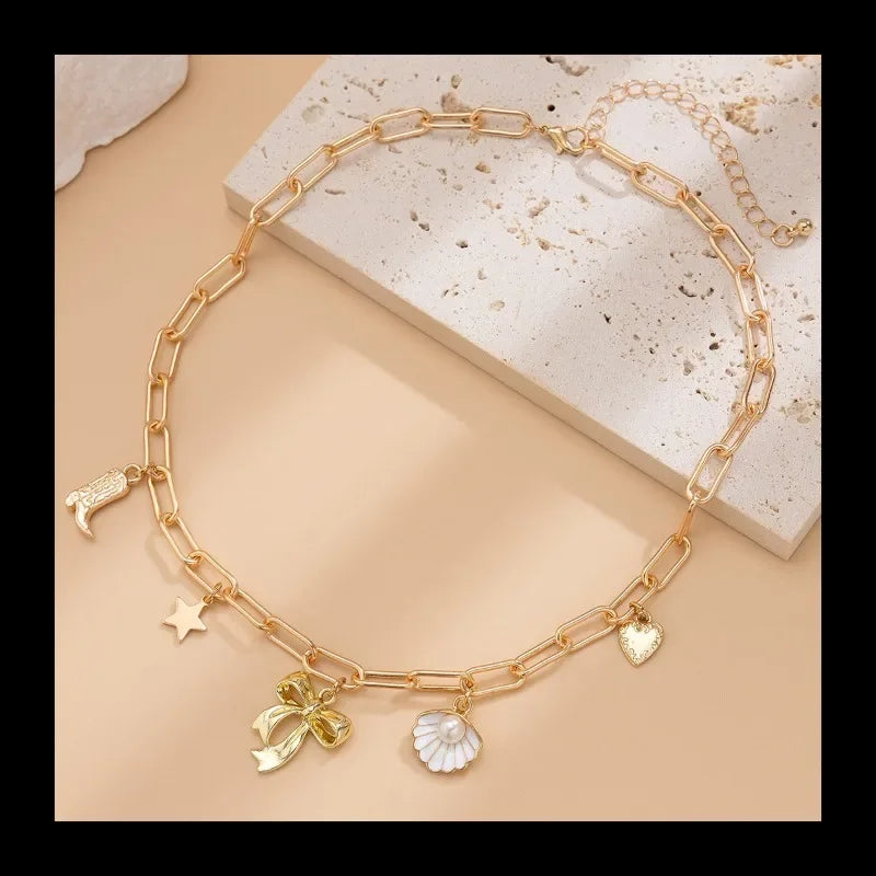 NONECN Fashion Bow Scallop Chain Necklace With Imitation Pearl