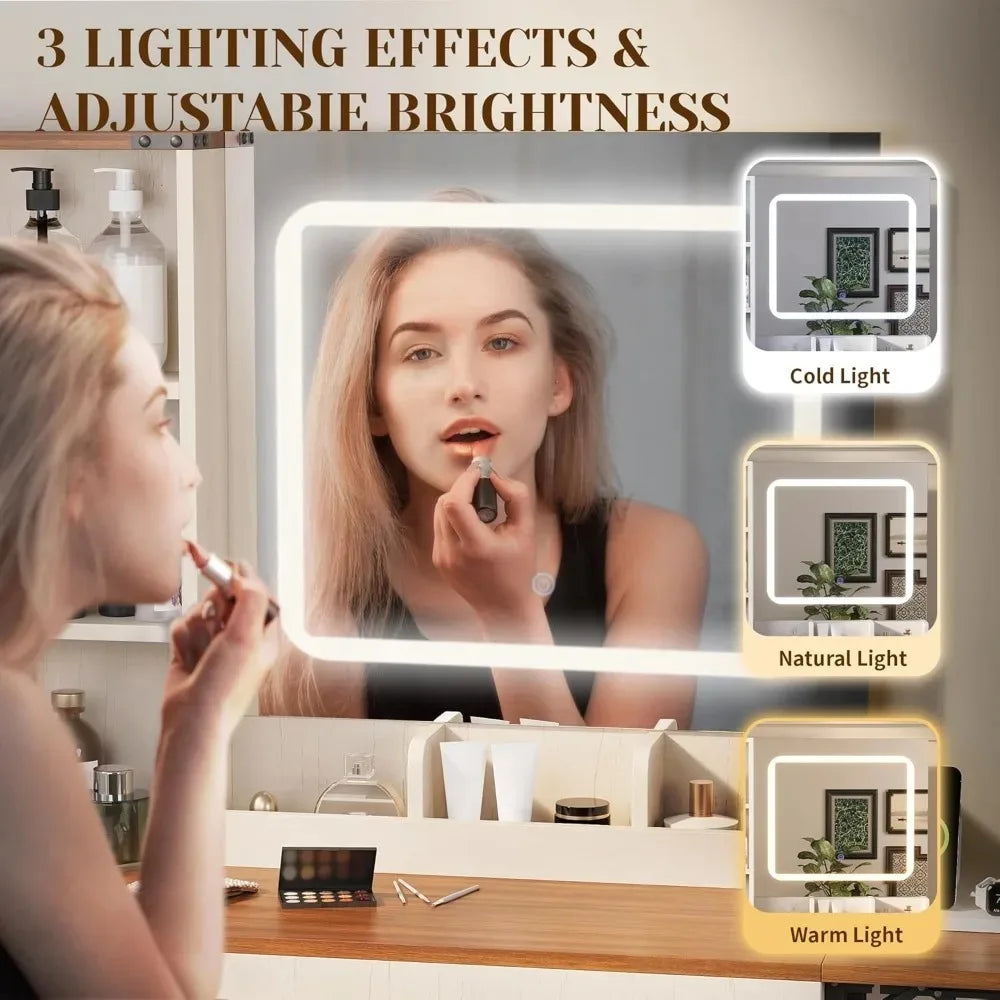 Chengwei Large Farmhouse Makeup Vanity Desk With Mirror And Lights