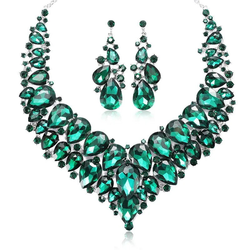 Exaggerated Necklace Earrings Set Temperament Alloy Zircon Crystal Glass