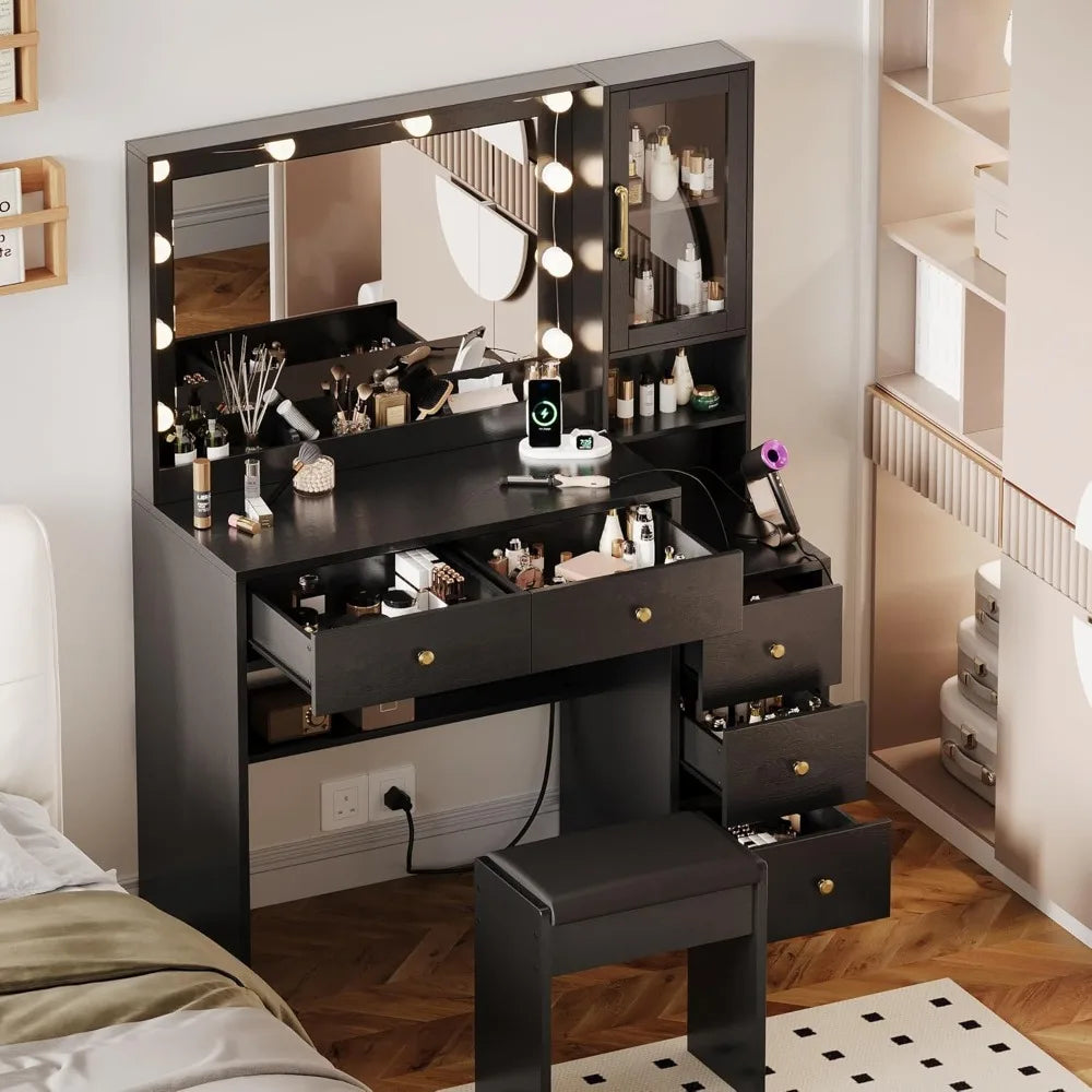 Makeup Vanity With Lights And Charging Station With Drawers
