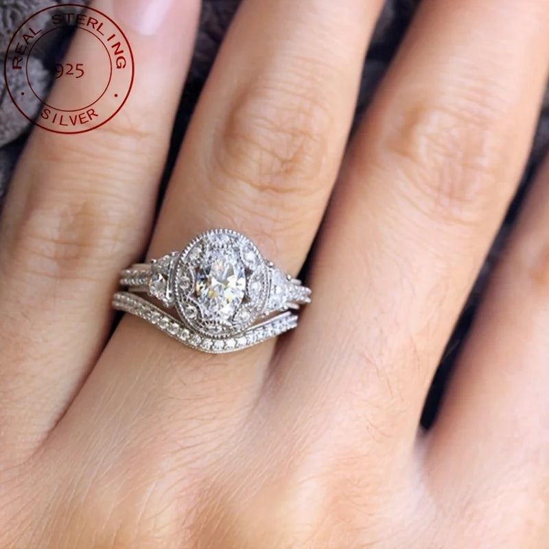 WPOOCC Two 925 Sterling Silver Wedding Band Set Zircon