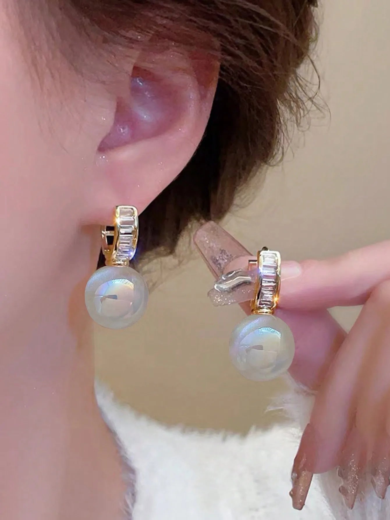Elegant Faux Pearl Rhinestone Hoop Earrings For Women Copper Alloy