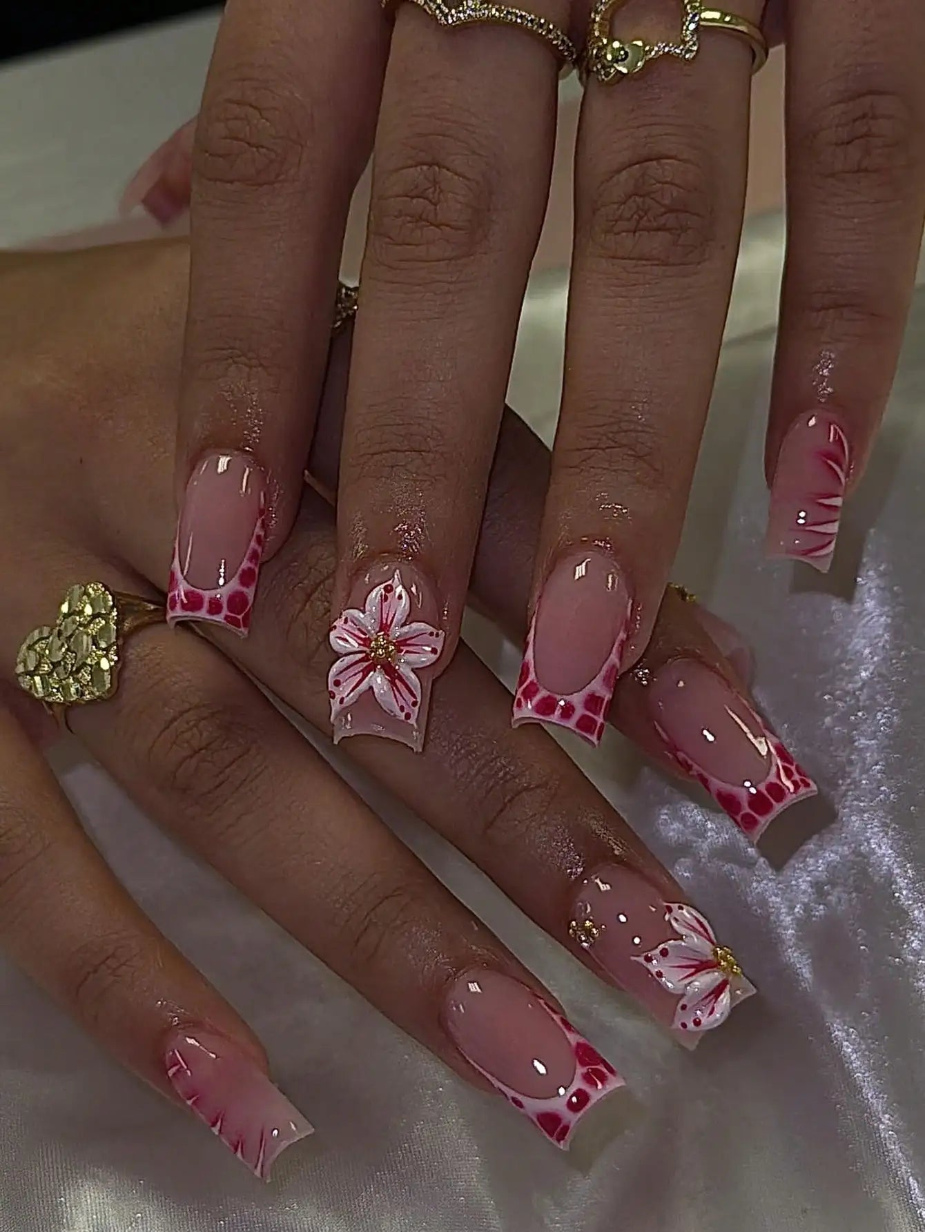 24Pcs Short Square French Flower Acrylic Press On Nails