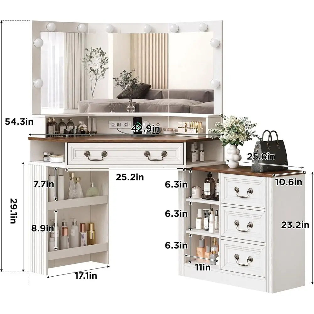 XMSJ Vanity Desk With 3 Way Mirror And LED Lighting