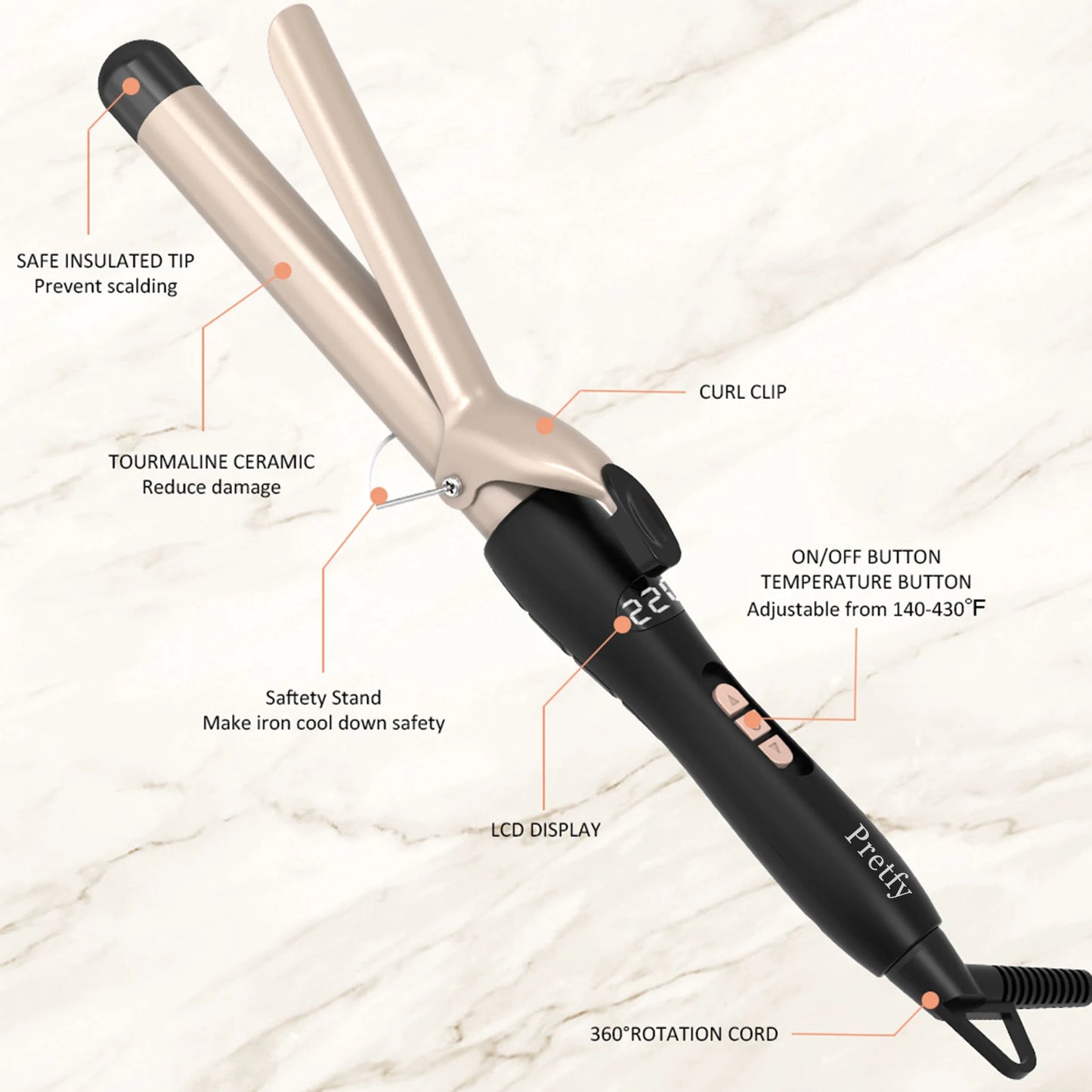 Pretfy Hair Curling Iron With Temperature Adjustable LCD Display