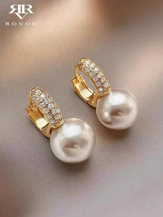 Elegant Faux Pearl Rhinestone Hoop Earrings For Women Copper Alloy