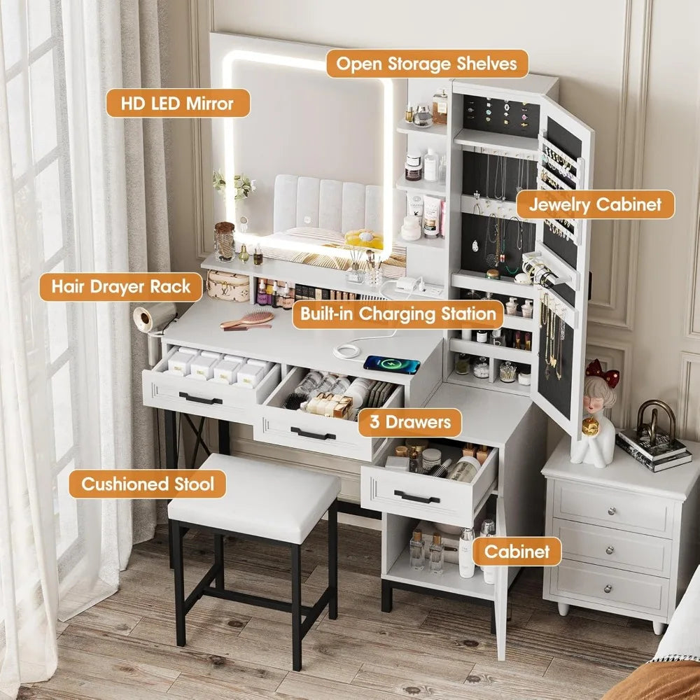 Vanity Desk with LED Mirror. Jewelry Cabinet,3 Drawers & Cabinets,Lots of Storage