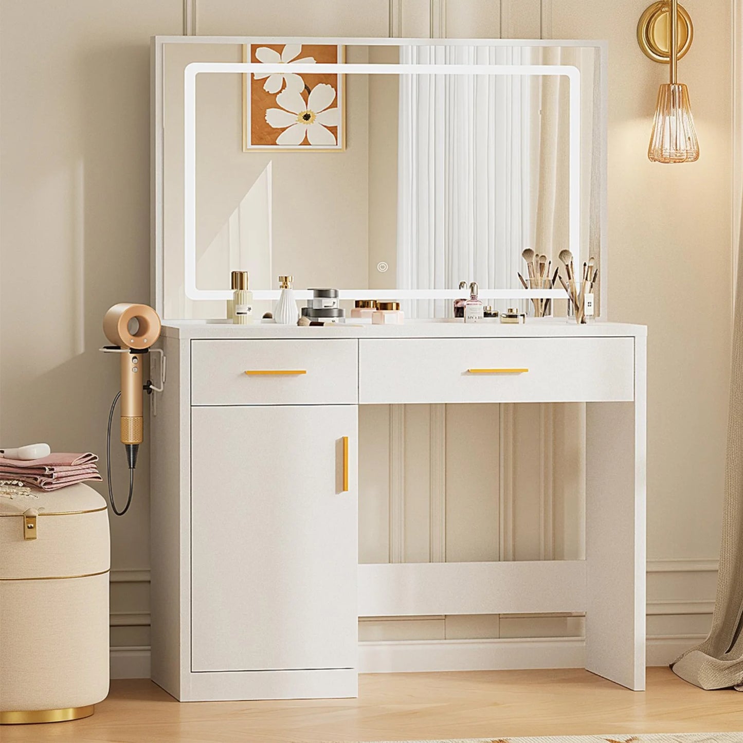 JHK Vanity Desk With Mirror And LED Strip Lighting