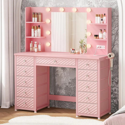 Lighted Vanity Desk With 11-Drawer Storage And 6 Shelves