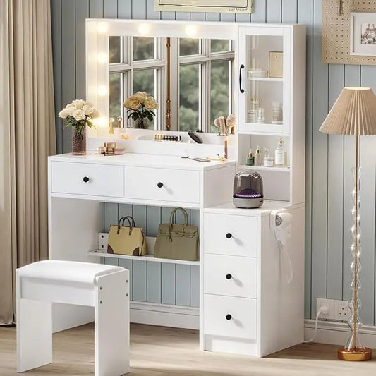 Makeup Vanity With Lights And Charging Station With Drawers