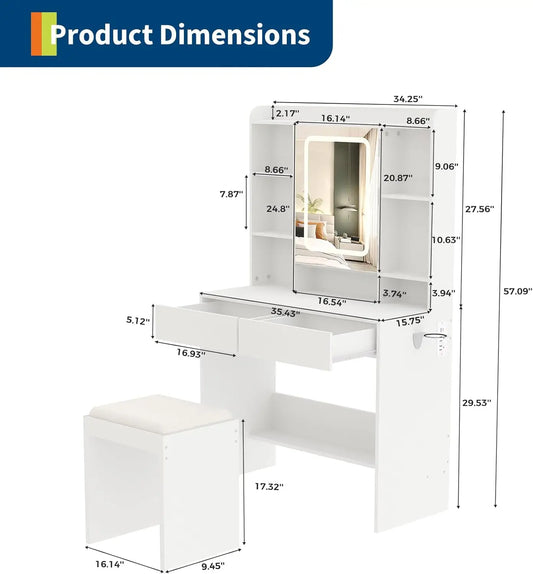 HiMISS Vanity Desk With Mirror And Lights Padded Stool