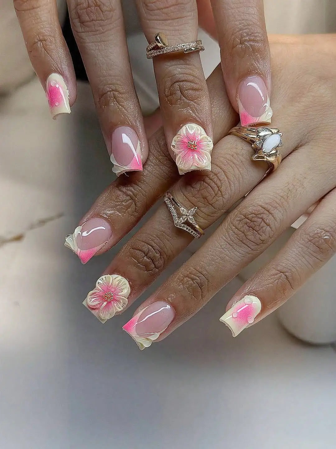 24Pcs Short Square French Flower Acrylic Press On Nails