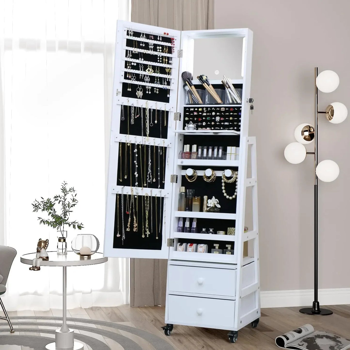 Jewelry Cabinet With Drawers Wheels Mirror Rotatable Vanity