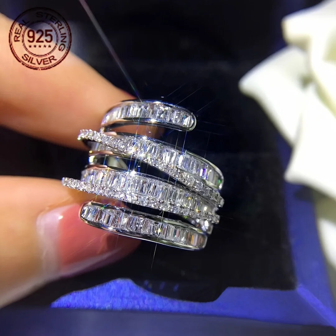 WPOOCC 925 Silver Geometric Twisted Cubic Zirconia Cocktail Ring