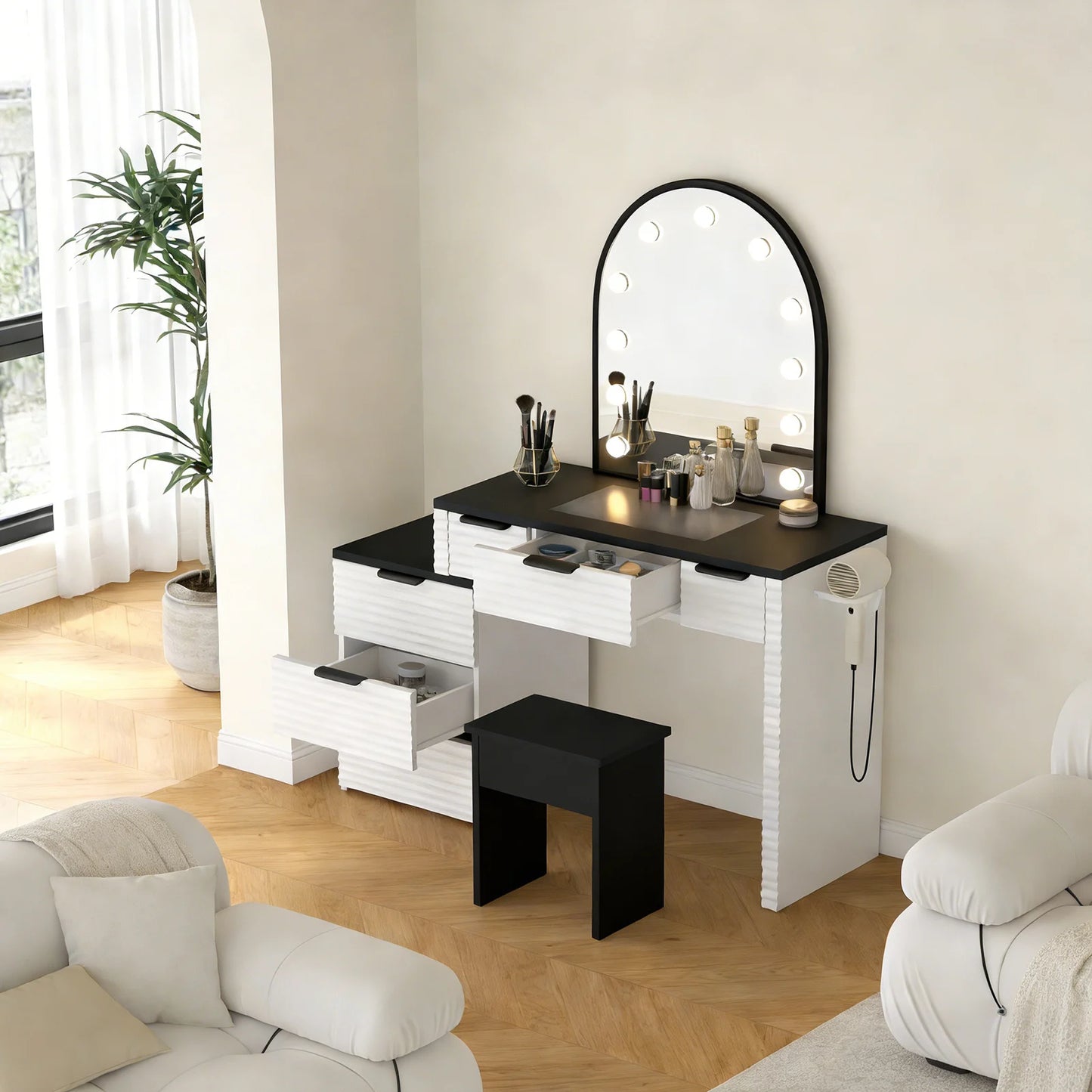 Modern Makeup Vanity Desk With Mirror Light Glass Top