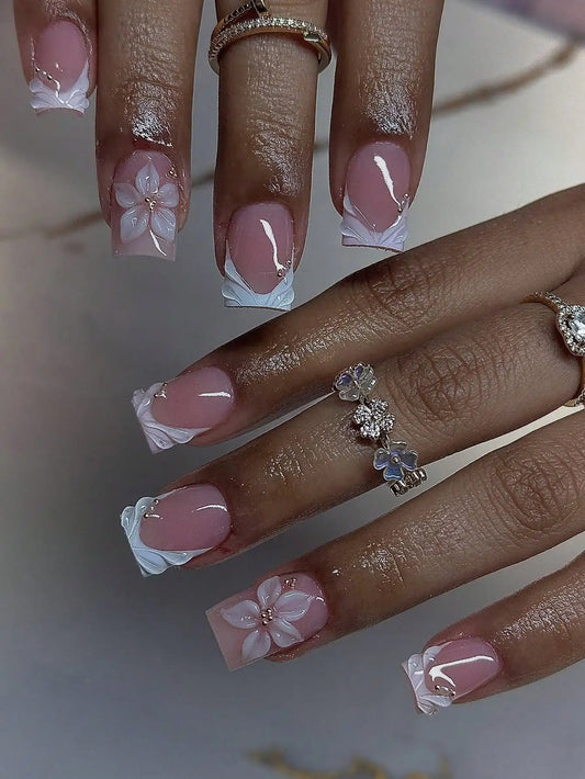 24Pcs Short Square French Flower Acrylic Press On Nails
