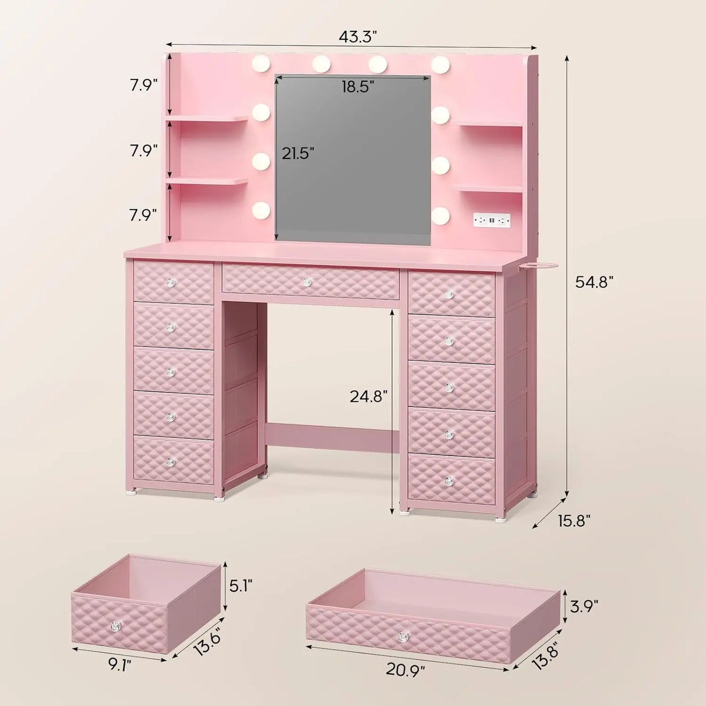Lighted Vanity Desk With 11-Drawer Storage And 6 Shelves