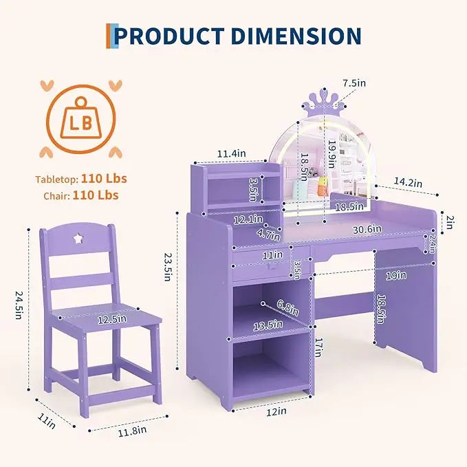 HiMISS Kids Princess Makeup Vanity Desk And Chair Set