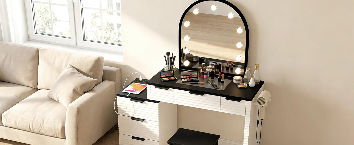 Modern Makeup Vanity Desk With Mirror Light Glass Top