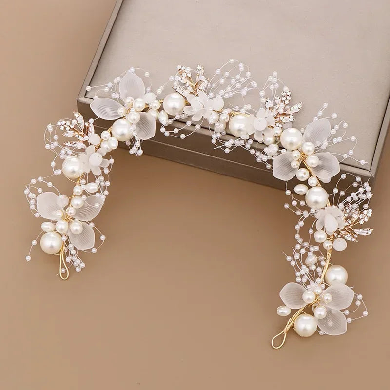 DIAMRI Pearl Flower Crown Bridal Headpiece Boho Hair Accessory