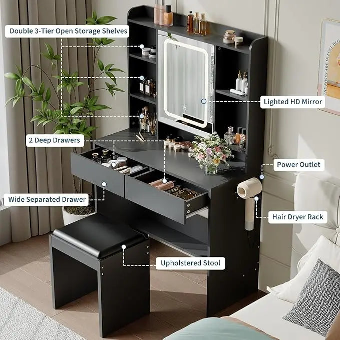 HiMISS Vanity Desk With Mirror And Lights Padded Stool