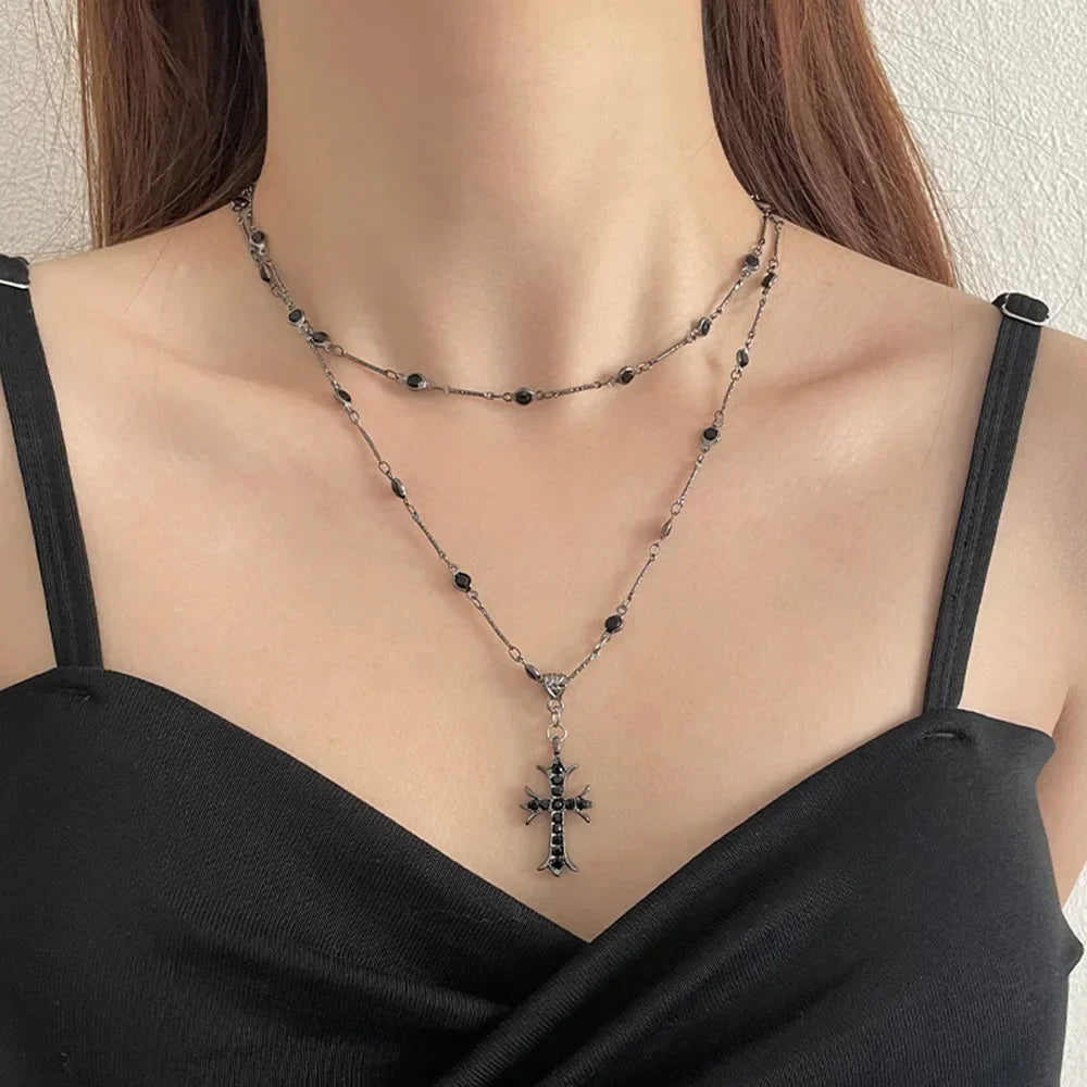 Rhinestone Cross Pendant Choker Necklace For Women Vintage