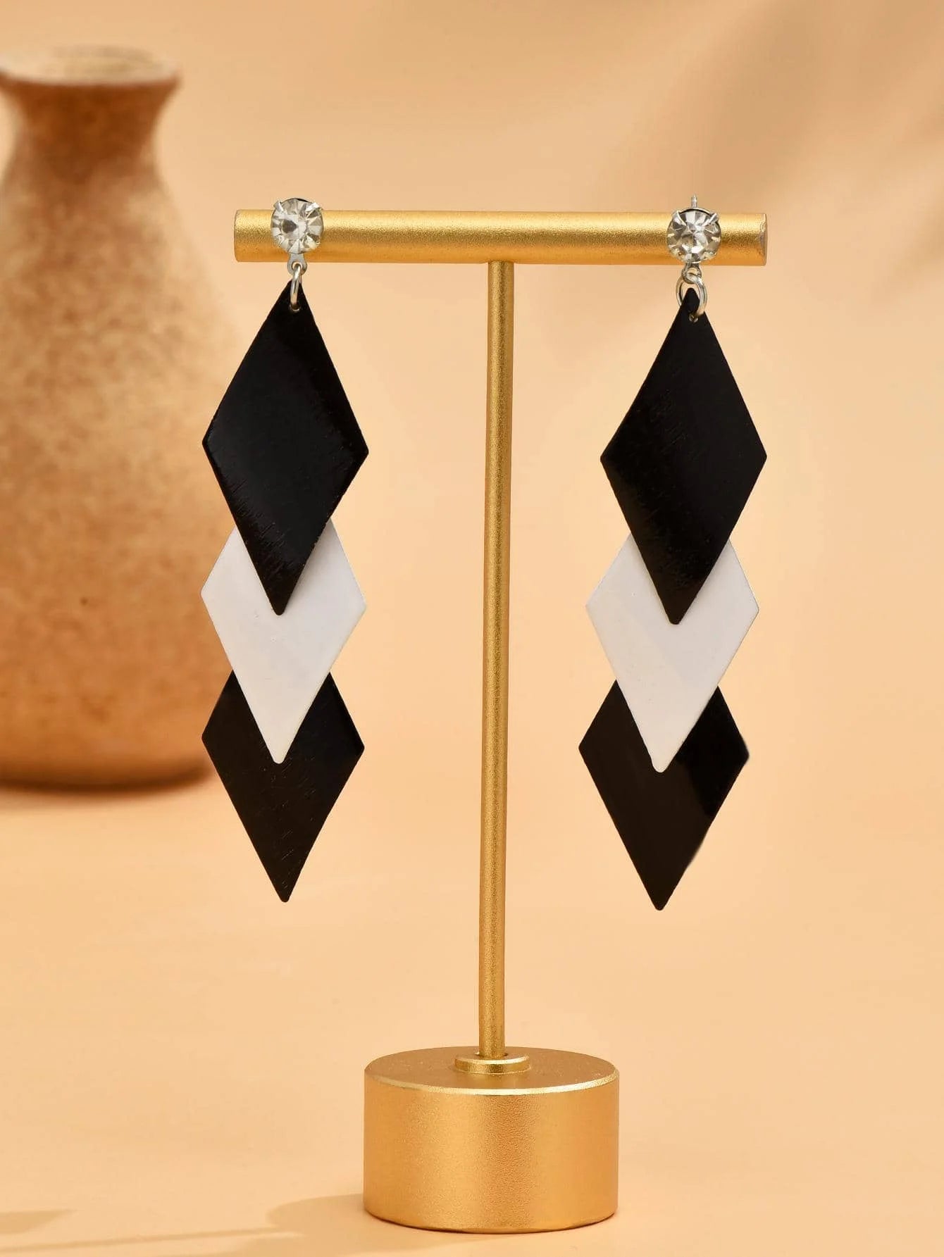 Geometric Diamond Drop Earrings With Crystal Studs And Acrylic Layers