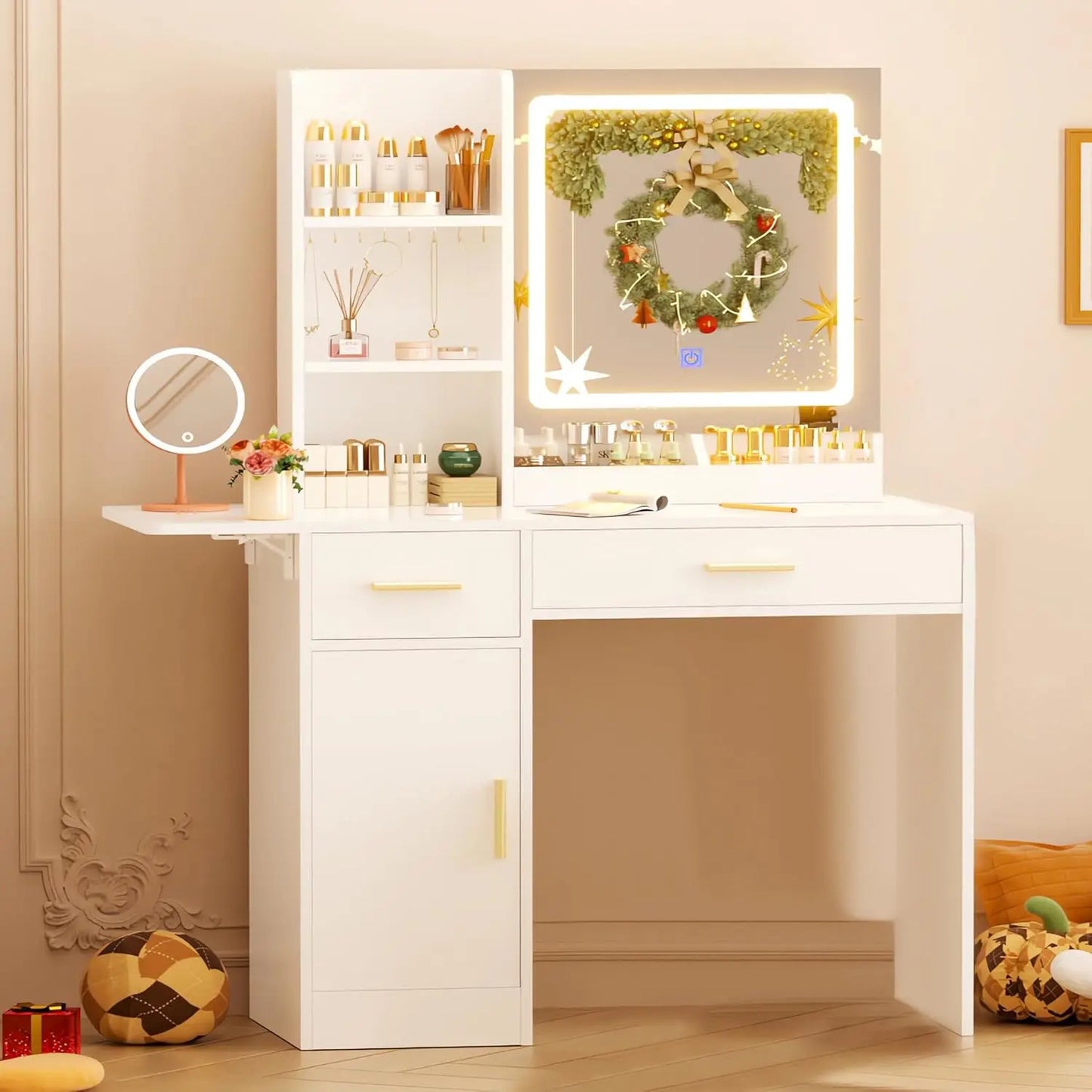 XMSJ Vanity Desk With Mirror And Lights Stool Included