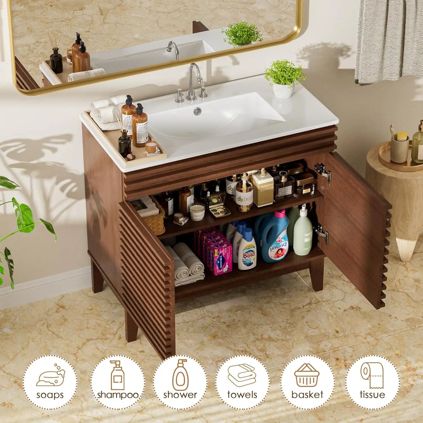 Mid Century Freestanding Bathroom Vanity Sink Storage