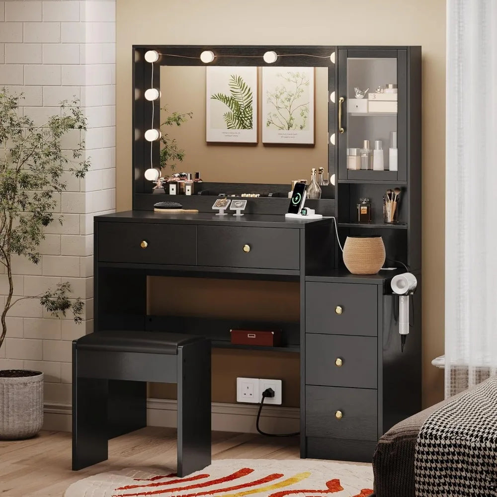 Makeup Vanity With Lights And Charging Station With Drawers