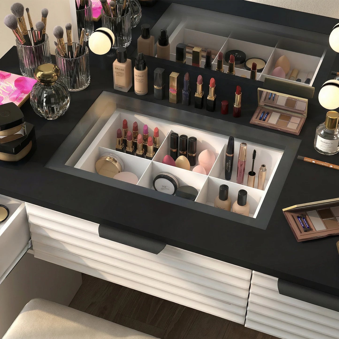 Modern Makeup Vanity Desk With Mirror Light Glass Top