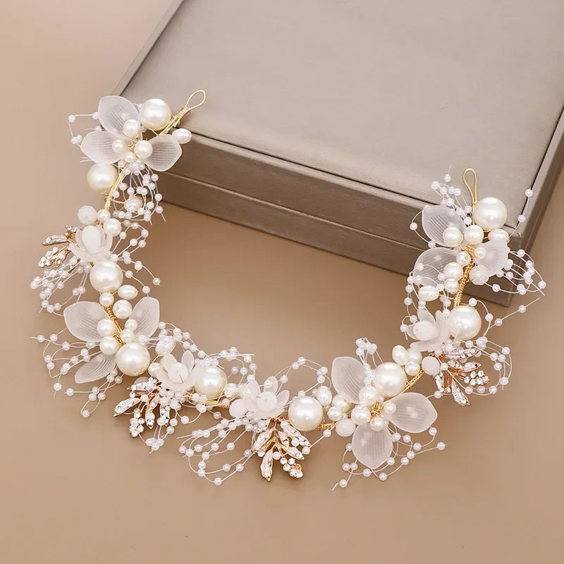 DIAMRI Pearl Flower Crown Bridal Headpiece Boho Hair Accessory