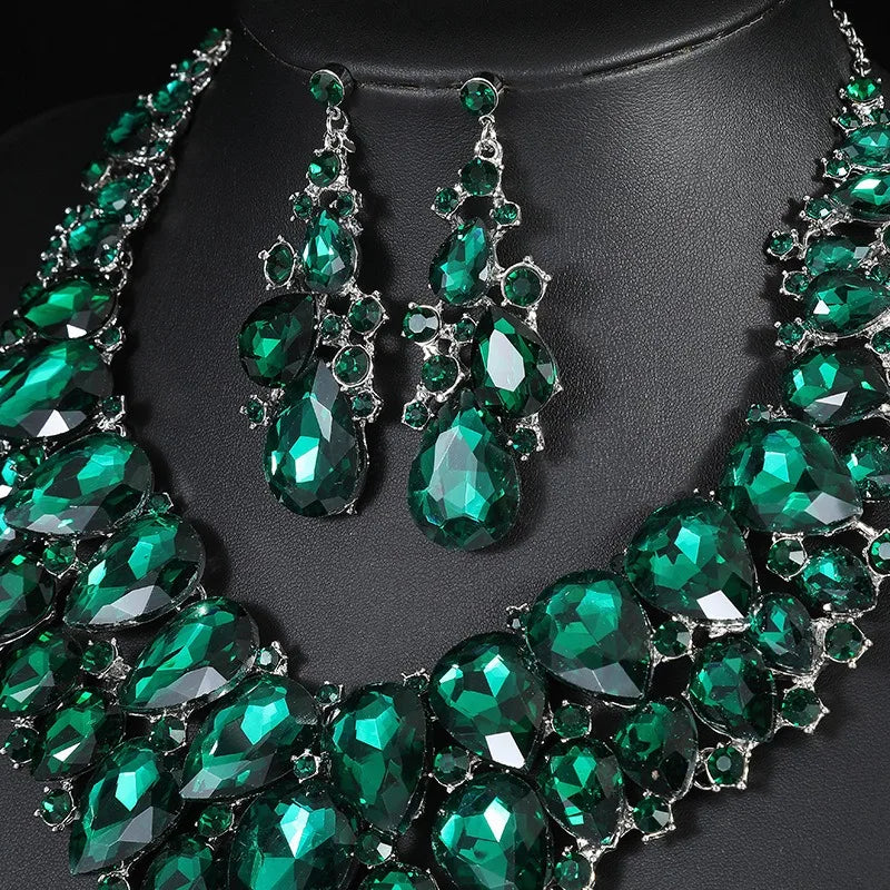 Exaggerated Necklace Earrings Set Temperament Alloy Zircon Crystal Glass