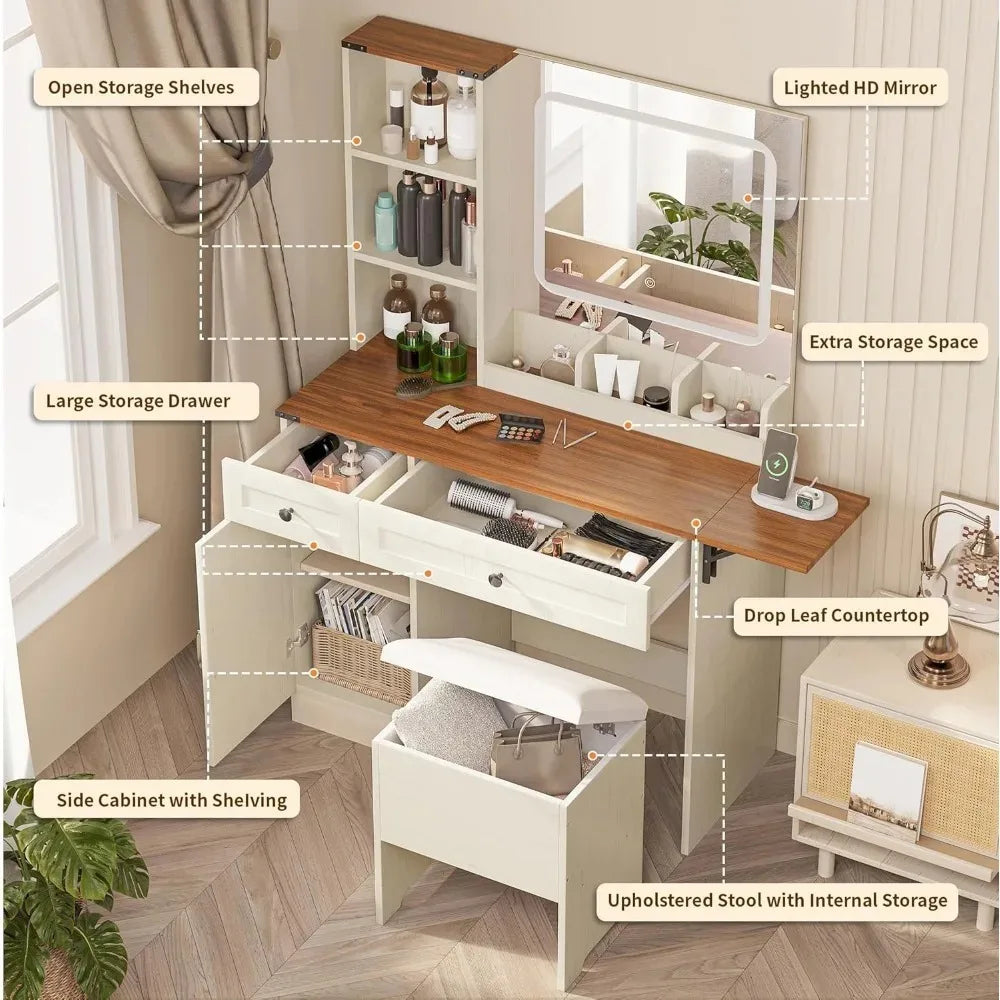 Chengwei Large Farmhouse Makeup Vanity Desk With Mirror And Lights